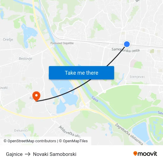 Gajnice to Novaki Samoborski map
