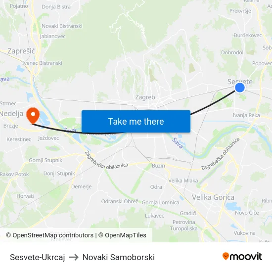 Sesvete-Ukrcaj to Novaki Samoborski map