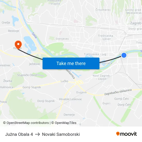 Južna Obala 4 to Novaki Samoborski map