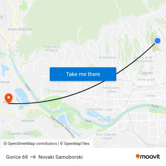 Gorice 69 to Novaki Samoborski map