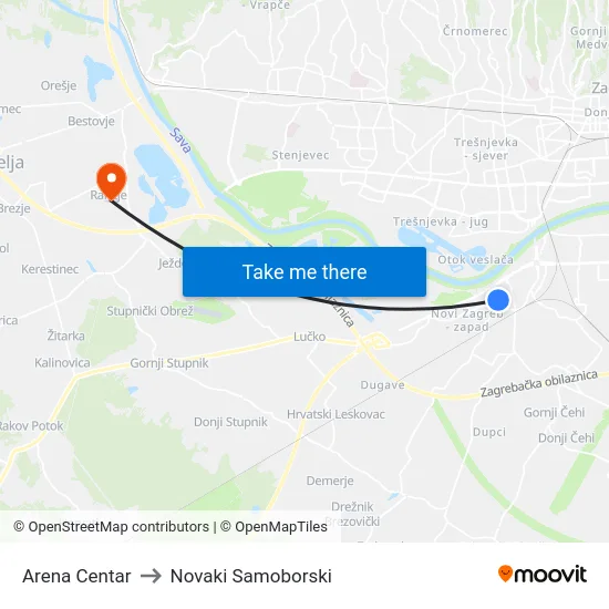 Arena Centar to Novaki Samoborski map