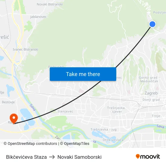 Bikčevićeva Staza to Novaki Samoborski map