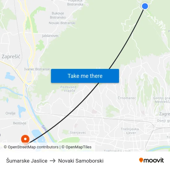 Šumarske Jaslice to Novaki Samoborski map