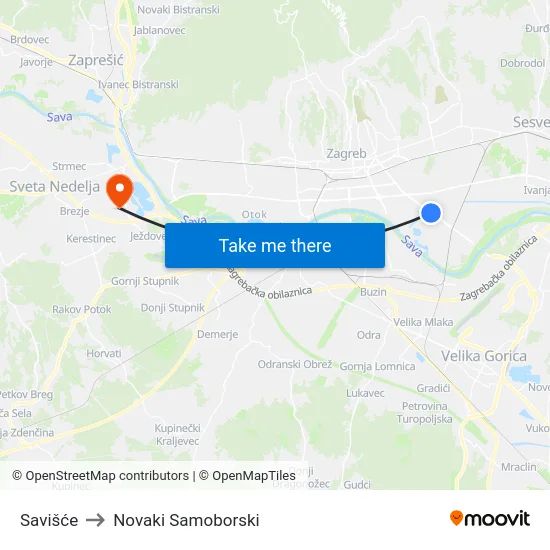 Savišće to Novaki Samoborski map