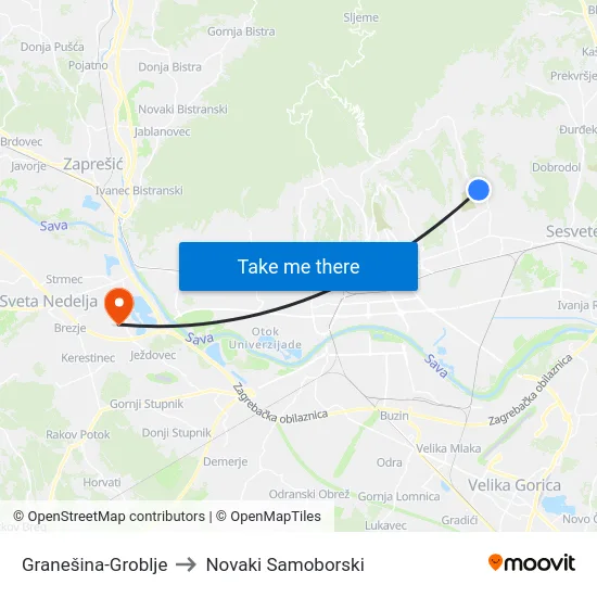 Granešina-Groblje to Novaki Samoborski map