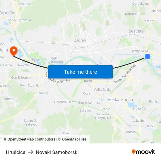 Hrušćica to Novaki Samoborski map