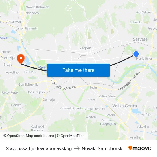 Slavonska Ljudevitaposavskog to Novaki Samoborski map