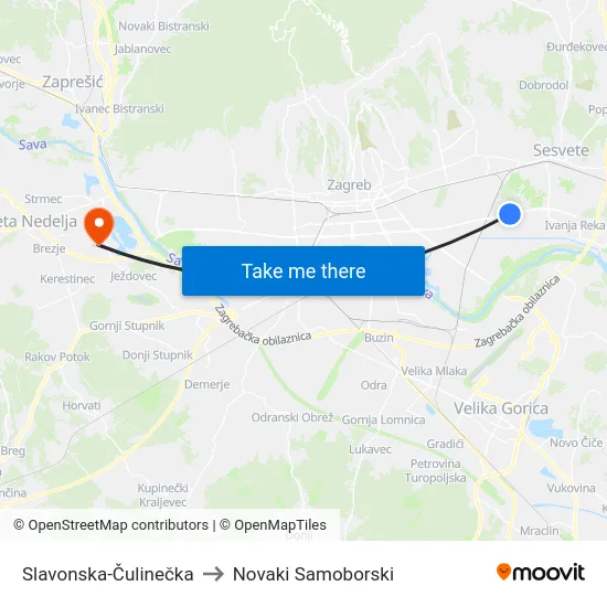 Slavonska-Čulinečka to Novaki Samoborski map