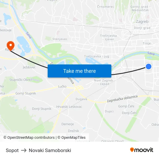 Sopot to Novaki Samoborski map