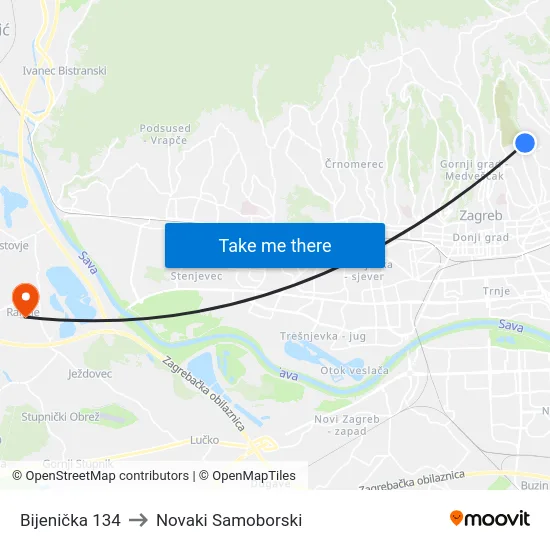 Bijenička 134 to Novaki Samoborski map