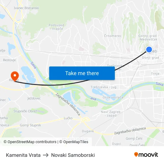 Kamenita Vrata to Novaki Samoborski map