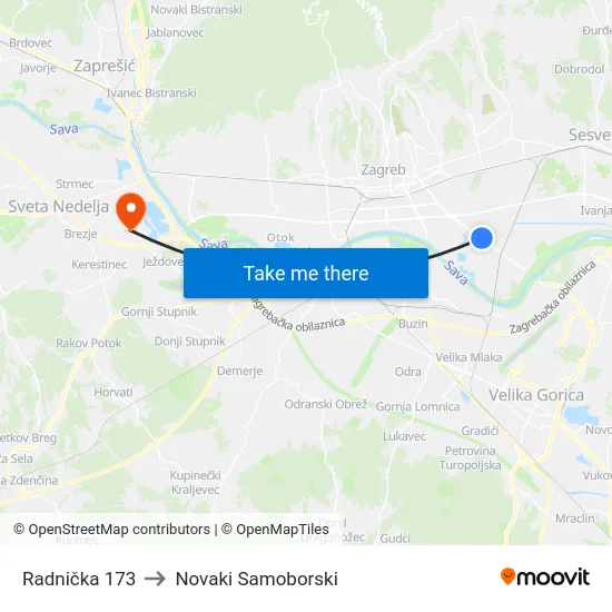 Radnička 173 to Novaki Samoborski map