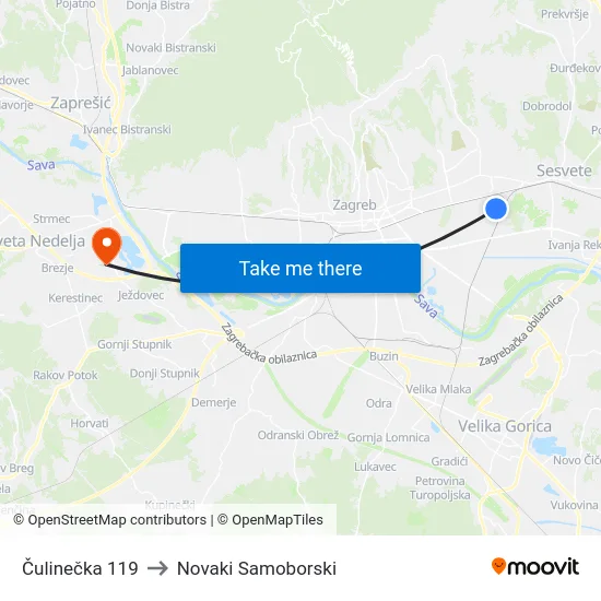 Čulinečka 119 to Novaki Samoborski map