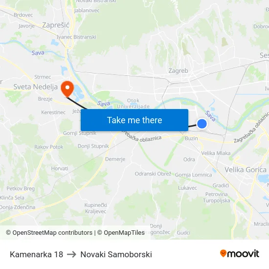 Kamenarka 18 to Novaki Samoborski map