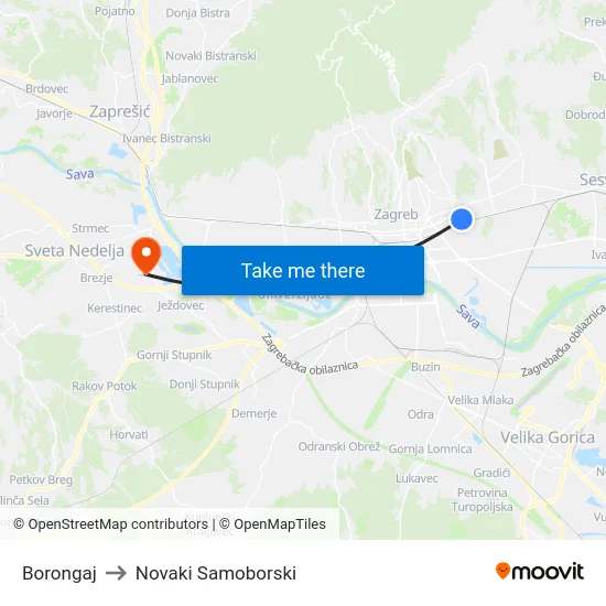 Borongaj to Novaki Samoborski map
