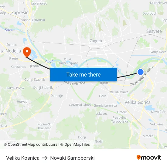 Velika Kosnica to Novaki Samoborski map