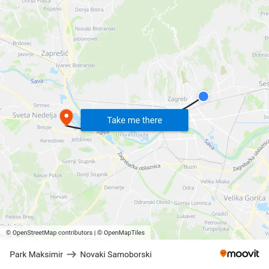 Park Maksimir to Novaki Samoborski map