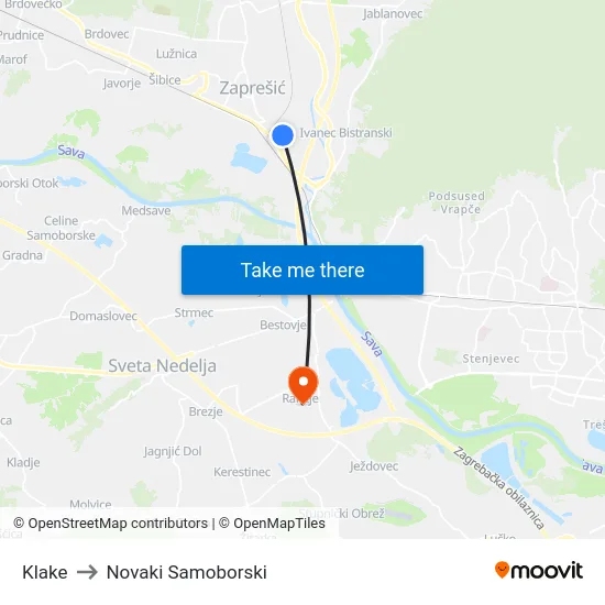 Klake to Novaki Samoborski map