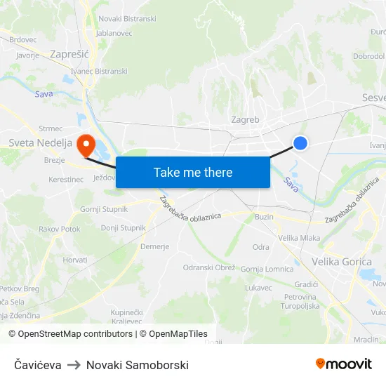 Čavićeva to Novaki Samoborski map