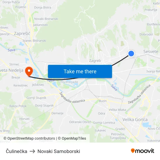 Čulinečka to Novaki Samoborski map