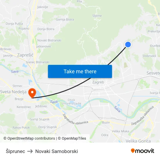 Šiprunec to Novaki Samoborski map