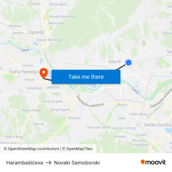 Harambašićeva to Novaki Samoborski map