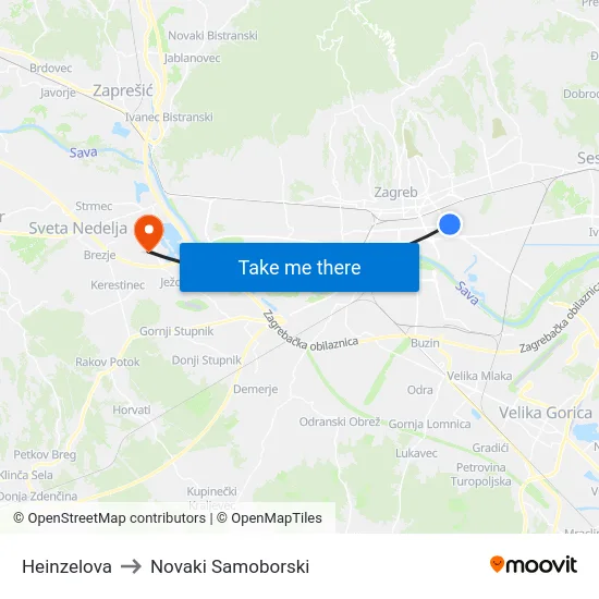 Heinzelova to Novaki Samoborski map