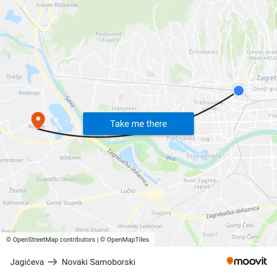 Jagićeva to Novaki Samoborski map
