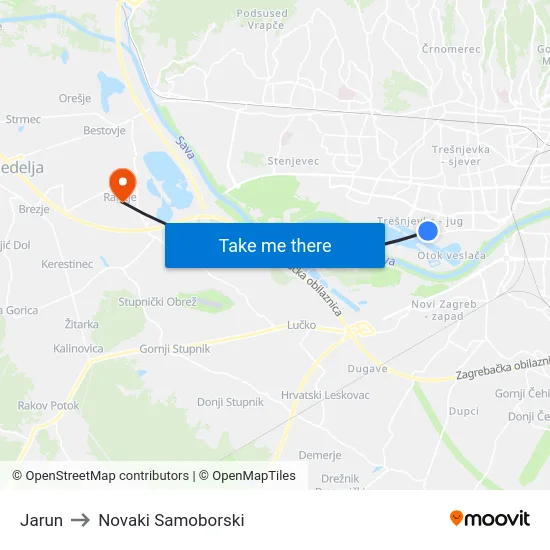 Jarun to Novaki Samoborski map