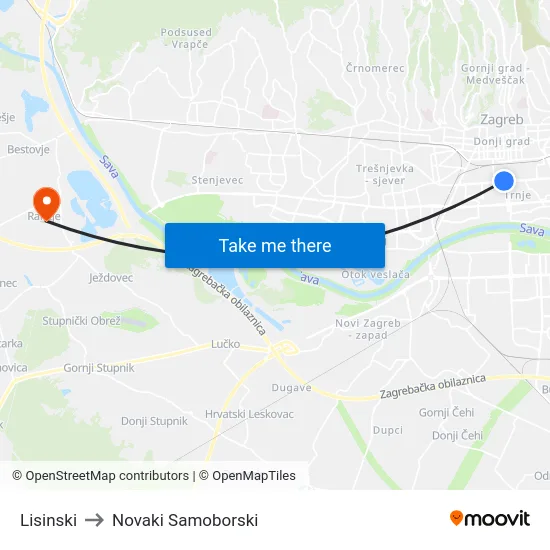 Lisinski to Novaki Samoborski map