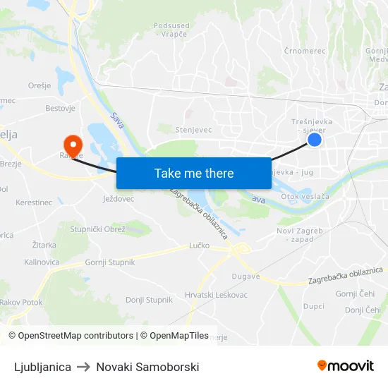 Ljubljanica to Novaki Samoborski map