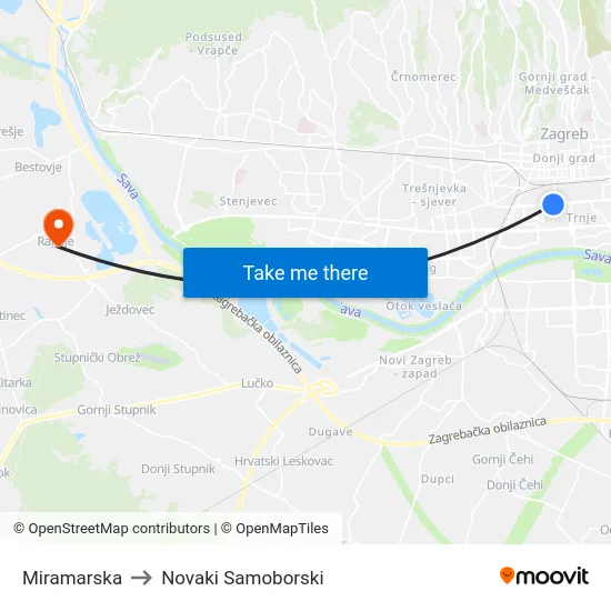 Miramarska to Novaki Samoborski map