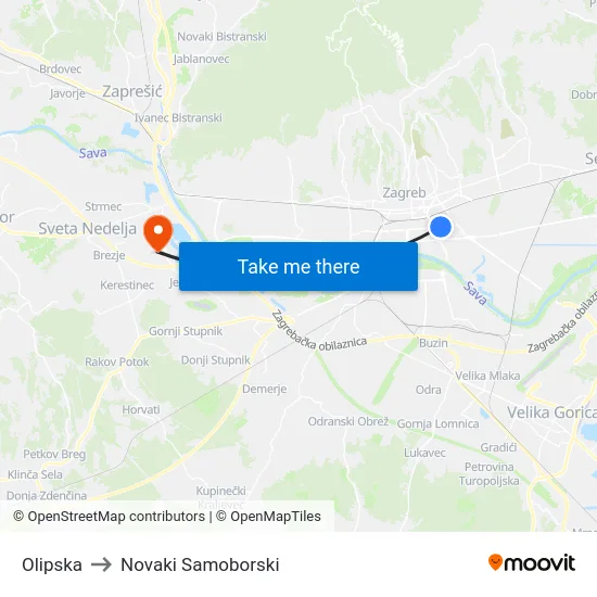 Olipska to Novaki Samoborski map