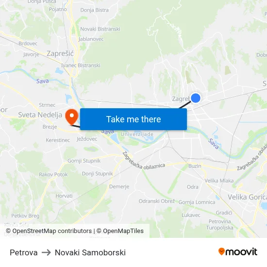 Petrova to Novaki Samoborski map