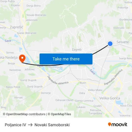 Poljanice IV to Novaki Samoborski map