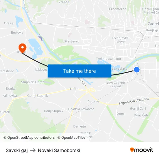Savski gaj to Novaki Samoborski map