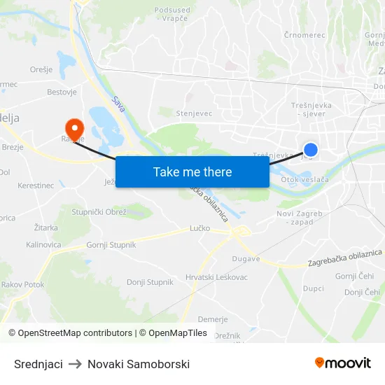 Srednjaci to Novaki Samoborski map