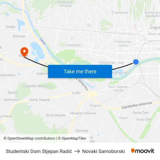 Studentski Dom Stjepan Radić to Novaki Samoborski map