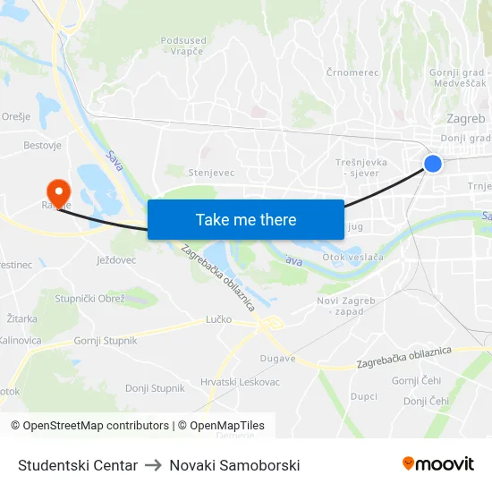 Studentski Centar to Novaki Samoborski map