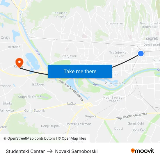 Studentski Centar to Novaki Samoborski map