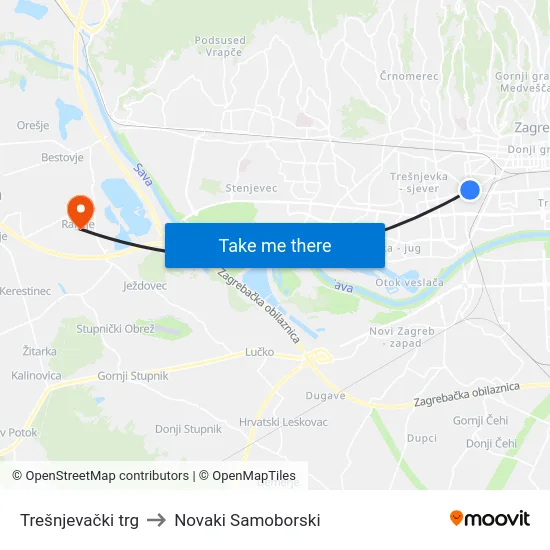 Trešnjevački trg to Novaki Samoborski map