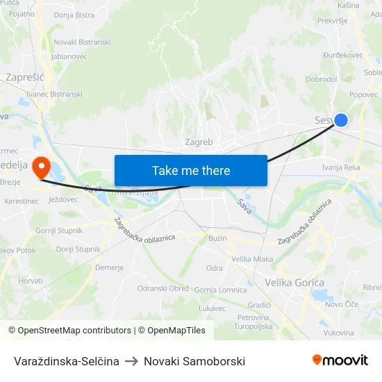 Varaždinska-Selčina to Novaki Samoborski map