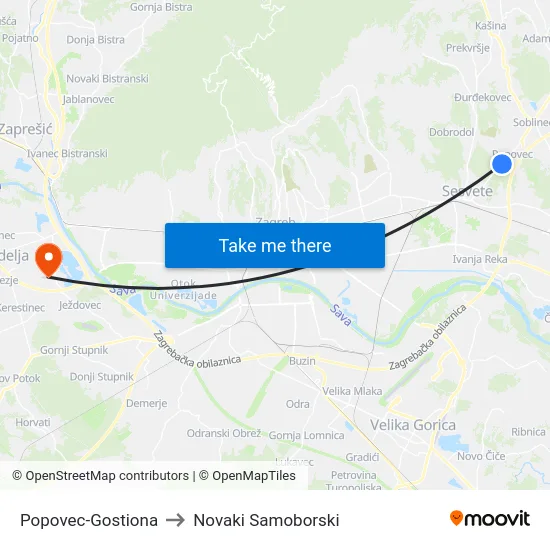 Popovec-Gostiona to Novaki Samoborski map