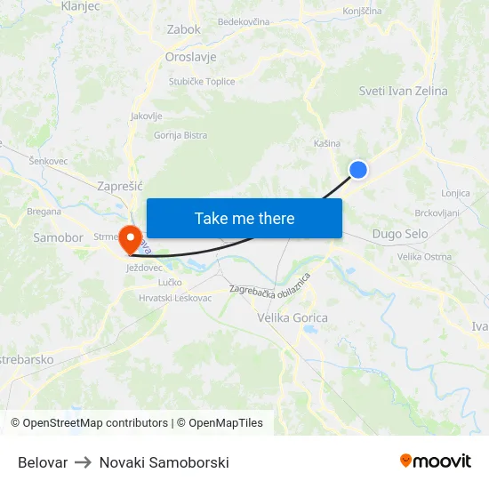 Belovar to Novaki Samoborski map