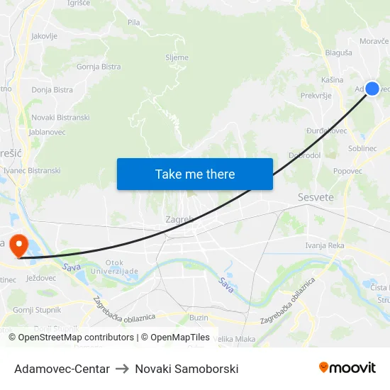 Adamovec-Centar to Novaki Samoborski map