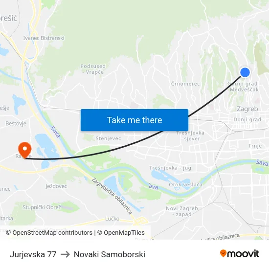 Jurjevska 77 to Novaki Samoborski map