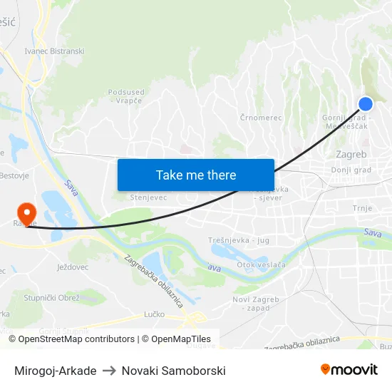 Mirogoj-Arkade to Novaki Samoborski map