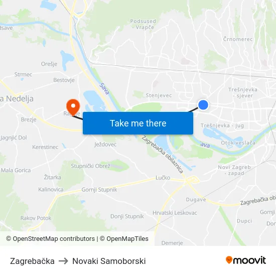 Zagrebačka to Novaki Samoborski map