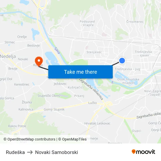 Rudeška to Novaki Samoborski map