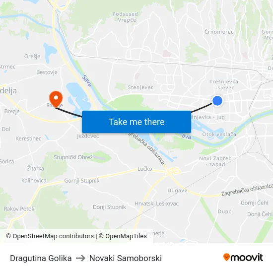Dragutina Golika to Novaki Samoborski map